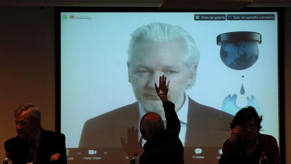 WikiLeaks founder Julian Assange appears on screen via video link during his participation as a guest panelist in an International Seminar on the 60th anniversary of the college of Journalists of Chile in Santiago, Chile, July 12, 2016 - Sputnik International