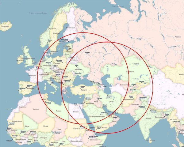 Area covered by the Kalibr-NK class cruise missiles based on maximum range; the circle on the left indicates range from the Black Sea, the circle on the right that of ships in the Caspian. Area covered by the Kalibr-NK class cruise missiles based on maximum range; the circle on the left indicates range from the Black Sea, the circle on the right that of ships in the Caspian. - Sputnik International