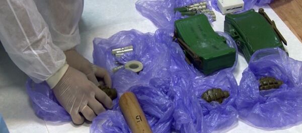 Grenades and land mines found during detention of Ukrainian saboteurs detained by the Russian Federal Security Service in Crimea. The detainee planned a number of attacks using explosives, in Crimea. (A still from a video, courtesy of the FSB Public Relations Center) - Sputnik International