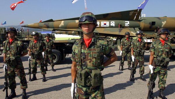 South Korean artillery soldiers stand in front of the Hyunmoo Surface to Surface Missile during Armed Forces Day rehearsal, at the Seongnam military airport, outskirts of Seoul (File) - Sputnik International