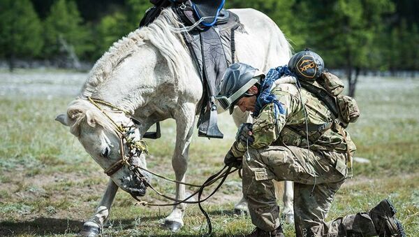 Tim Finley says a prayer to his military colleagues who have taken their own lives since returning from service in Afghanistan and Iraq. He named a horse on every leg of the Mongol Derby race after one of his colleagues that have passed away - Sputnik International