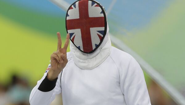 Joseph Choong of Britain gestures after competing in the fencing portion of the men's modern pentathlon at the Summer Olympics in Rio de Janeiro - Sputnik International