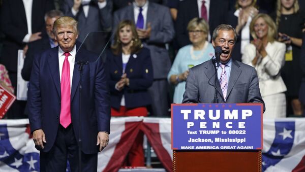 Nigel Farage, ex-leader of the British UKIP party, speaks as Republican presidential candidate Donald Trump, left, listens, at Trump's campaign rally in Jackson, Miss., Wednesday, Aug. 24, 2016. - Sputnik International