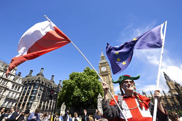 A woman holds up a Polish and European flags in Parliament Square as thousands of protesters take part in a March for Europe, through the centre of London on July 2, 2016, to protest against Britain's vote to leave the EU. - Sputnik International