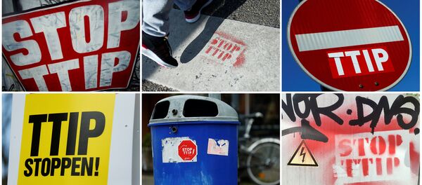 A combination photo shows signs against the Transatlantic Trade and Investment Partnership (TTIP) free trade agreement. A combination photo shows signs against the Transatlantic Trade and Investment Partnership (TTIP) free trade agreement. - Sputnik International