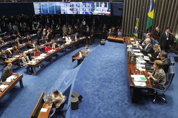 Suspended Brazilian President Dilma Rousseff, first right, speaks during her impeachment trial at the Federal Senate in Brasilia, Brazil, Monday, Aug. 29, 2016 Suspended Brazilian President Dilma Rousseff, first right, speaks during her impeachment trial at the Federal Senate in Brasilia, Brazil, Monday, Aug. 29, 2016 - Sputnik International