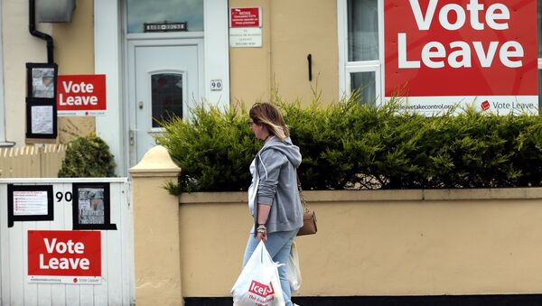 A woman walks past a house where Vote Leave boards are displayed in Redcar, north east England on June 27, 2016. - Sputnik International