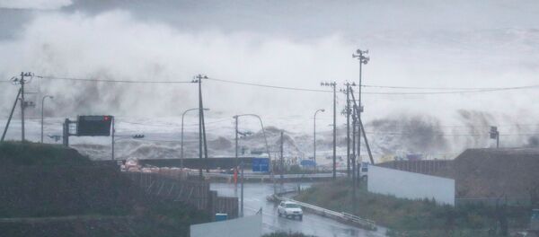 High waves triggered by Typhoon Lionrock crash on a coast of the city of Ishinomaki, Miyagi Prefecture, Japan, in this photo taken by Kyodo August 30, 2016 High waves triggered by Typhoon Lionrock crash on a coast of the city of Ishinomaki, Miyagi Prefecture, Japan, in this photo taken by Kyodo August 30, 2016 - Sputnik International