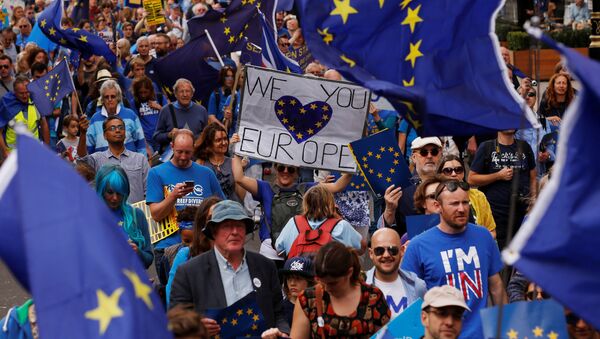 Pro-Europe demonstrators protest during a March for Europe against the Brexit vote result earlier in the year, in London, Britain, September 3, 2016. - Sputnik International