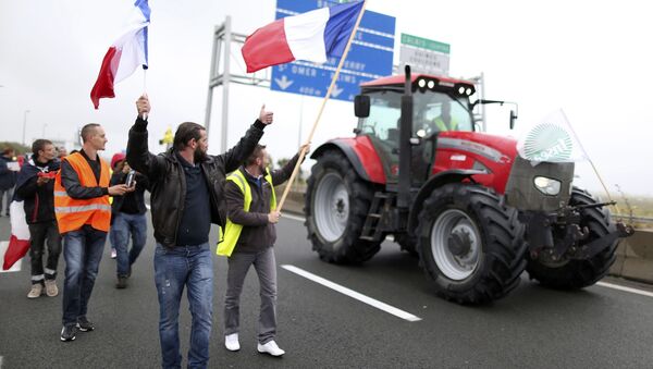 Harbor workers, truck drivers, farmers, storekeepers and residents attend a protest demonstration on the A16 motorway against the migrant situation in Calais, France, September 5, 2016. - Sputnik International