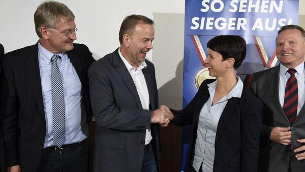 Top candidate for the AFD in Mecklenburg-Western Vorpommern Leif-Erik Holm (2L) shakes hands with AFD leader Frauke Petry flanked by AFD co-leader Joerg Meuthen (L) and AFD's federal whip Georg Pazderski upon arrival for a press conference in Berlin, on September 5, 2016 on day after the regional state elections in Mecklenburg-Western Vorpommern - Sputnik International