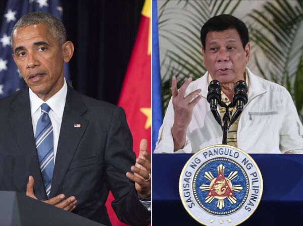 This combination image of two photographs taken on September 5, 2016 shows, at left, US President Barack Obama speaking during a press conference following the conclusion of the G20 summit in Hangzhou, China, and at right, Philippine President Rodrigo Duterte speaking during a press conference in Davao City, the Philippines, prior to his departure for Laos to attend the ASEAN summit This combination image of two photographs taken on September 5, 2016 shows, at left, US President Barack Obama speaking during a press conference following the conclusion of the G20 summit in Hangzhou, China, and at right, Philippine President Rodrigo Duterte speaking during a press conference in Davao City, the Philippines, prior to his departure for Laos to attend the ASEAN summit - Sputnik International