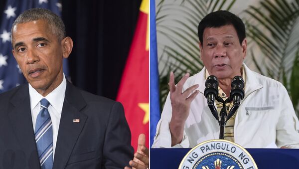 This combination image of two photographs taken on September 5, 2016 shows, at left, US President Barack Obama speaking during a press conference following the conclusion of the G20 summit in Hangzhou, China, and at right, Philippine President Rodrigo Duterte speaking during a press conference in Davao City, the Philippines, prior to his departure for Laos to attend the ASEAN summit - Sputnik International