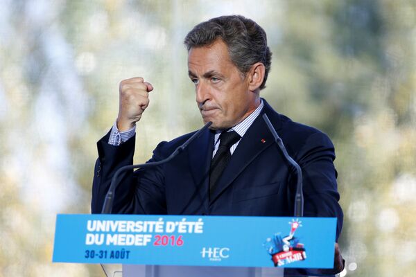 Nicolas Sarkozy, former head of the Les Republicains (LR) political party speaks at the French employer's body MEDEF union summer forum on the campus of the HEC School of Management in Jouy-en-Josas, near Paris, France, August 31, 2016. Nicolas Sarkozy, former head of the Les Republicains (LR) political party speaks at the French employer's body MEDEF union summer forum on the campus of the HEC School of Management in Jouy-en-Josas, near Paris, France, August 31, 2016. - Sputnik International
