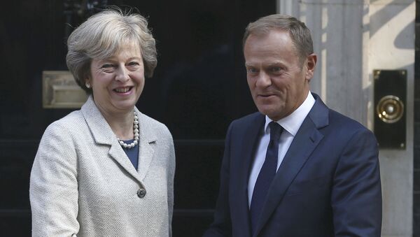 Britain's Prime Minister Theresa May (L) greets European Council President Donald Tusk in Downing Street in London, Britain September 8, 2016. - Sputnik International