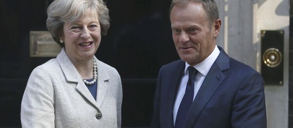 Britain's Prime Minister Theresa May (L) greets European Council President Donald Tusk in Downing Street in London, Britain September 8, 2016. - Sputnik International