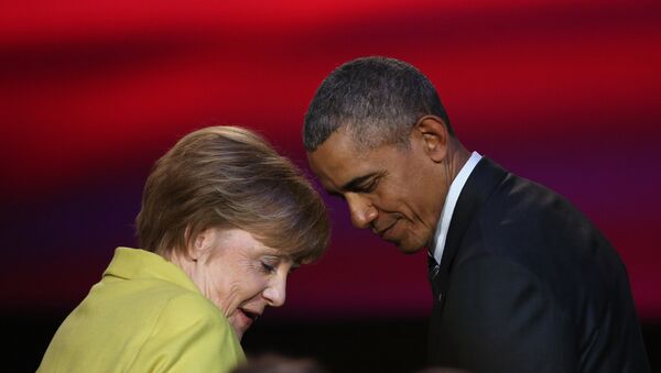 US President Barack Obama and German Chancellor Angela Merkel attend during the official opening ceremony of the Hanover industry Fair at the Hannover Congress Center HCC in Hanover, on April 24, 2016. - Sputnik International
