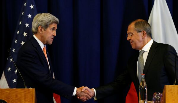 U.S. Secretary of State John Kerry and Russian Foreign Minister Sergei Lavrov shake hands at the conclusion of their press conference following their meeting in Geneva, Switzerland where they discussed the crisis in Syria September 9, 2016 U.S. Secretary of State John Kerry and Russian Foreign Minister Sergei Lavrov shake hands at the conclusion of their press conference following their meeting in Geneva, Switzerland where they discussed the crisis in Syria September 9, 2016 - Sputnik International