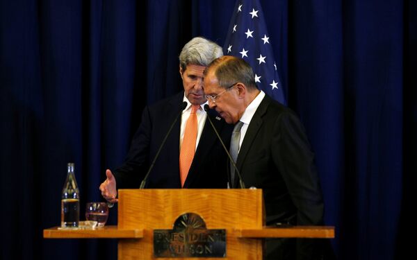 U.S. Secretary of State John Kerry and Russian Foreign Minister Sergei Lavrov confer at the conclusion of their press conference about their meeting on Syria in Geneva, Switzerland September 9, 2016. The ceasefire that Moscow and Washington eventually agreed to was disrupted after being in force for just over a week. U.S. Secretary of State John Kerry and Russian Foreign Minister Sergei Lavrov confer at the conclusion of their press conference about their meeting on Syria in Geneva, Switzerland September 9, 2016. The ceasefire that Moscow and Washington eventually agreed to was disrupted after being in force for just over a week. - Sputnik International