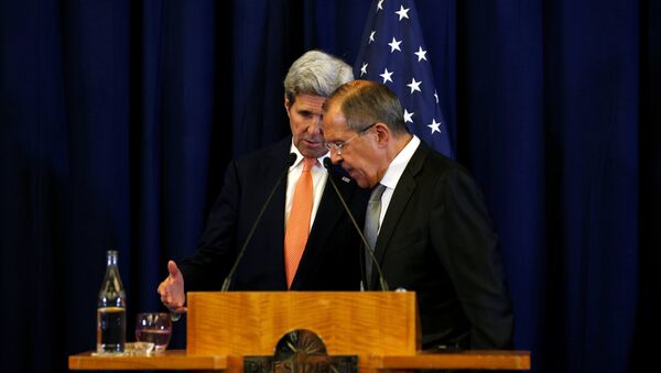 U.S. Secretary of State John Kerry and Russian Foreign Minister Sergei Lavrov confer at the conclusion of their press conference about their meeting on Syria in Geneva, Switzerland September 9, 2016. The ceasefire that Moscow and Washington eventually agreed to was disrupted after being in force for just over a week. - Sputnik International