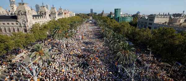 People hold Catalan separatist flags known as Esteladas during a gathering to mark the Catalonia day Diada in central Barcelona, Spain, September 11, 2016. - Sputnik International
