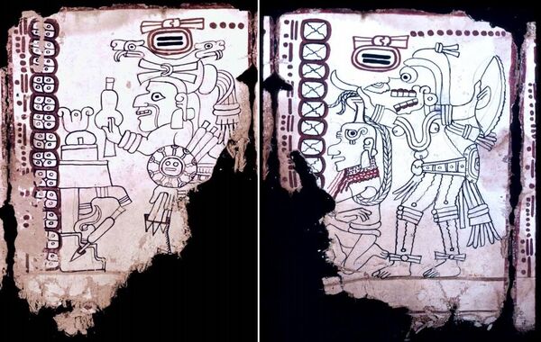 (L) This figure is believed to be the old goddess known as Ix Chel among the Maya, the counterpart of Tlazolteoll and Coatlicue in the Mexican pantheon, on the basis of her aged face and the snakes in her hair. (R) The Death God (God A), with simple headdress and knife in hand, has just decapitated an old Roman-nosed god, from whose neck blood pours. (L) This figure is believed to be the old goddess known as Ix Chel among the Maya, the counterpart of Tlazolteoll and Coatlicue in the Mexican pantheon, on the basis of her aged face and the snakes in her hair. (R) The Death God (God A), with simple headdress and knife in hand, has just decapitated an old Roman-nosed god, from whose neck blood pours. - Sputnik International