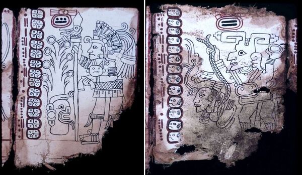 (L) The feathered headdress on this figure identifies him with the spearing gods in the central Mexican Venus Tables. (R) A god with tear-drop eye and “Dick Tracy” nose holds a round object (perhaps a stone he is about to hurl) by one hand and a tied captive by the other. (L) The feathered headdress on this figure identifies him with the spearing gods in the central Mexican Venus Tables. (R) A god with tear-drop eye and “Dick Tracy” nose holds a round object (perhaps a stone he is about to hurl) by one hand and a tied captive by the other. - Sputnik International