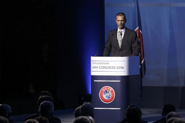 Newly elected UEFA President Aleksander Ceferin of Slovenia delivers a speech during the Extraordinary Congress in Athens, Greece September 14, 2016 Newly elected UEFA President Aleksander Ceferin of Slovenia delivers a speech during the Extraordinary Congress in Athens, Greece September 14, 2016 - Sputnik International