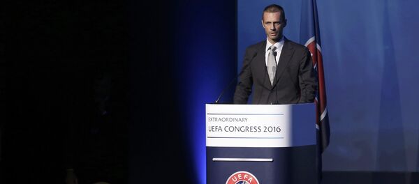 Newly elected UEFA President Aleksander Ceferin of Slovenia delivers a speech during the Extraordinary Congress in Athens, Greece September 14, 2016 Newly elected UEFA President Aleksander Ceferin of Slovenia delivers a speech during the Extraordinary Congress in Athens, Greece September 14, 2016 - Sputnik International