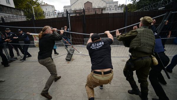 Nationalist activists stage riots outside the Russian Embassy in Kiev. - Sputnik International