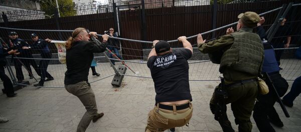 Nationalist activists stage riots outside the Russian Embassy in Kiev. Nationalist activists stage riots outside the Russian Embassy in Kiev. - Sputnik International