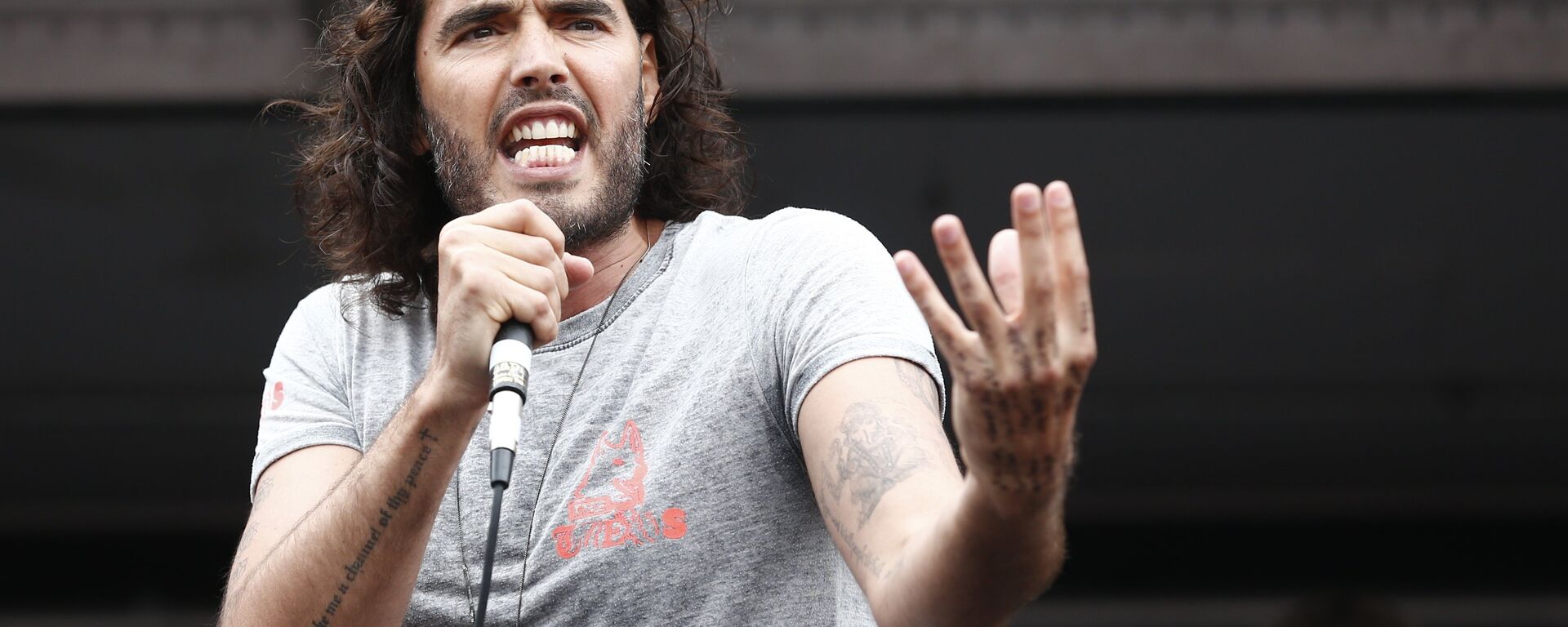 British comedian Russell Brand speaks to protesters following a march against the British government's spending cuts and austerity measures in London on June 20, 2015. - Sputnik International, 1920, 19.09.2016