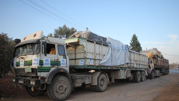 Trucks carrying aid are seen on the side of the road in the town of Orum al-Kubra on the western outskirts of the northern Syrian city of Aleppo on September 20, 2016, the morning after a convoy delivering aid was hit by a deadly air strike - Sputnik International