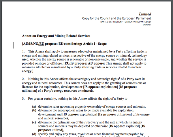 Leaked documents relating to negotiations of the Trade in Services Agreement (TiSA), released by Greenpeace. Opponents are concerned about the environmental impacts of any potential annex on energy and mining services. - Sputnik International