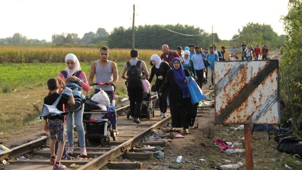 Refugees who did not cross the border before its closure walk on railroad tracks by the Serbian-Hungarian border near the village of Reske - Sputnik International