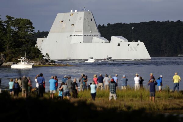 The future USS Zumwalt heads down the Kennebec River after leaving Bath Iron Works Wednesday, Sept. 7, 2016, in Bath, Maine The future USS Zumwalt heads down the Kennebec River after leaving Bath Iron Works Wednesday, Sept. 7, 2016, in Bath, Maine - Sputnik International