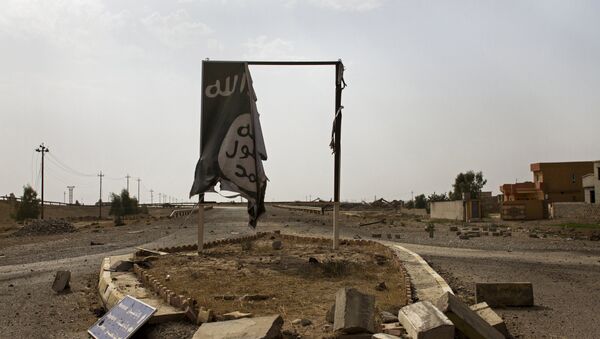 Partially destroyed Islamic State group banner hangs at the entrance to Qayara, Iraq (File) - Sputnik International