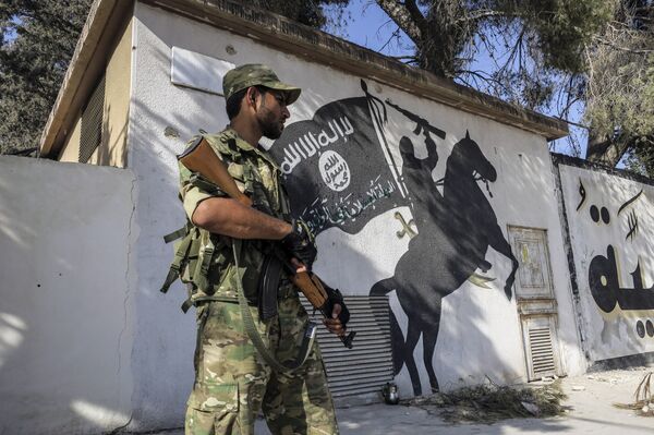 A Free Syrian Army fighter stands in front of a painting left by IS militants in Jarablus, Syria (File) - Sputnik International