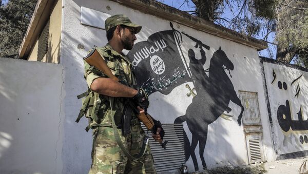 A Free Syrian Army fighter stands in front of a painting left by IS militants in Jarablus, Syria (File) - Sputnik International