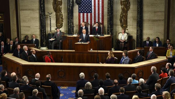 US President Barack Obama (C) speaks during the State of the Union Address during a Joint Session of Congress at the US Capitol in Washington, DC, January 12, 2016 - Sputnik International