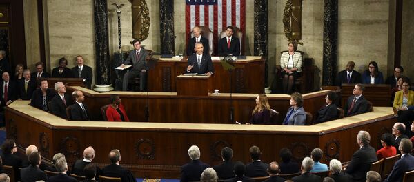 US President Barack Obama (C) speaks during the State of the Union Address during a Joint Session of Congress at the US Capitol in Washington, DC, January 12, 2016 - Sputnik International