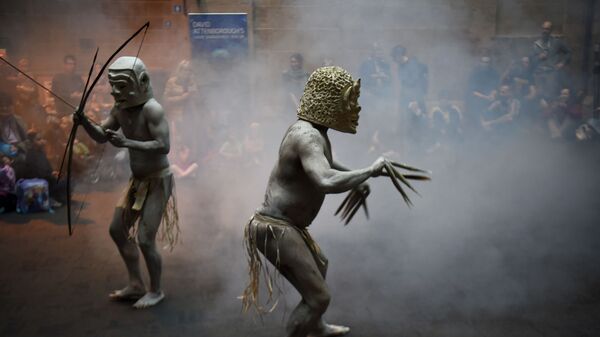 Asaro Mud Men from the Asaro Valley in Papua New Guinea's eastern highlands perform, for the first time outside their home, their rituals for visitors at the Australian Museum in Sydney on September 29, 2016. - Sputnik International