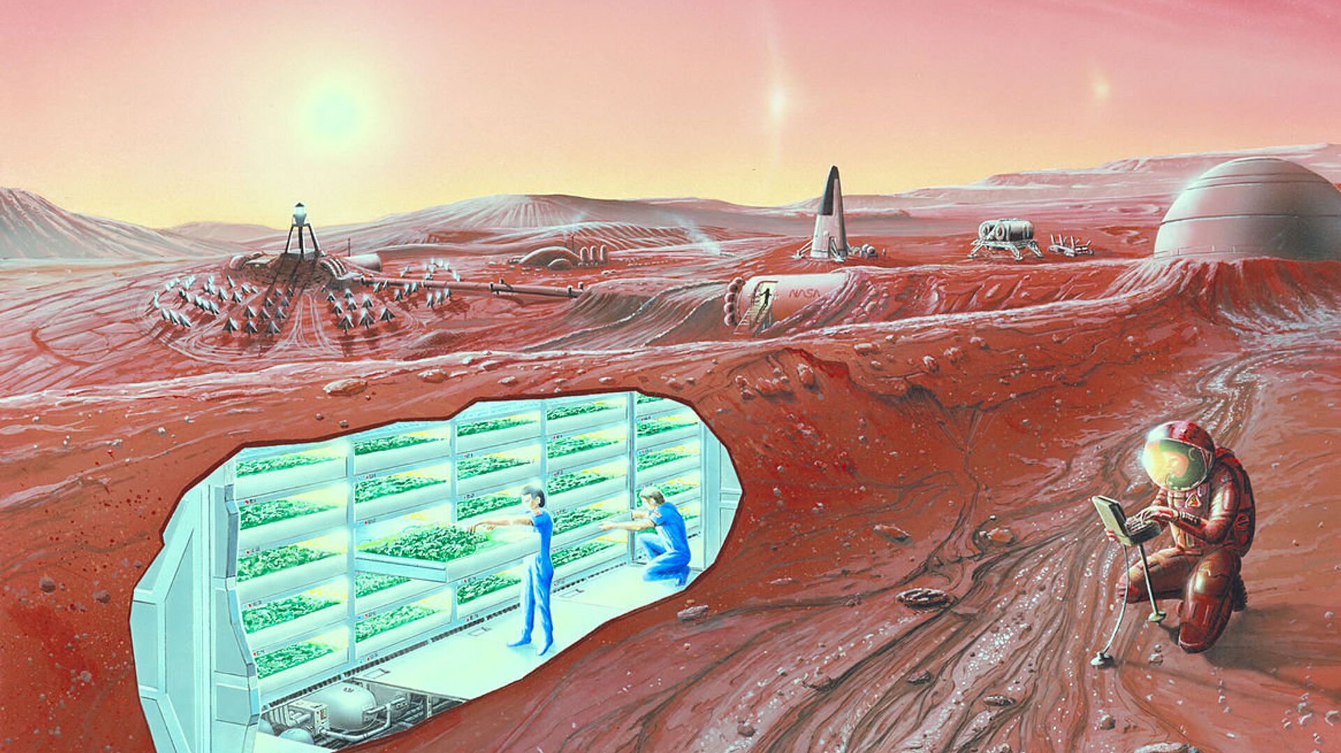 An artist's conception of a human Mars base, with a cutaway revealing an interior horticultural area - Sputnik International, 1920, 17.01.2022