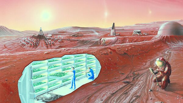 An artist's conception of a human Mars base, with a cutaway revealing an interior horticultural area - Sputnik International