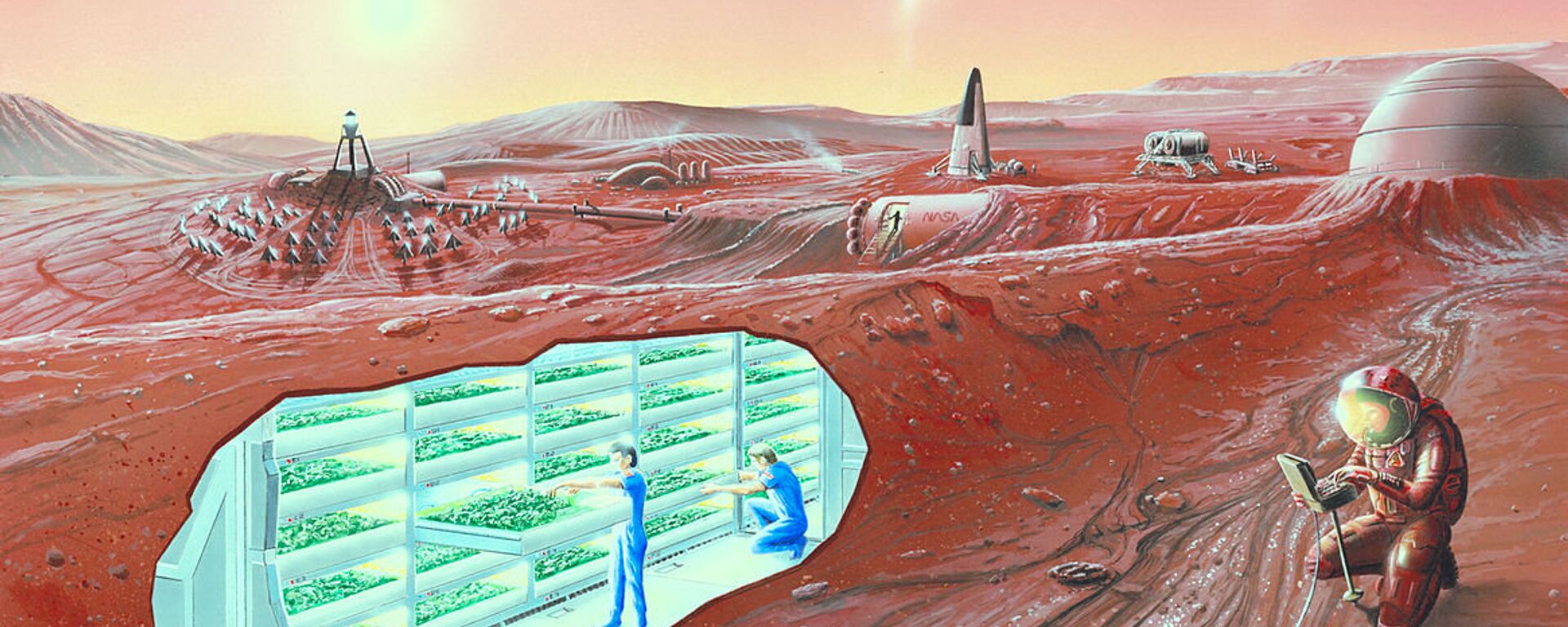An artist's conception of a human Mars base, with a cutaway revealing an interior horticultural area - Sputnik International, 1920, 17.01.2022