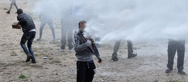 French police use water canons against participants during a march in support of migrants and refugees in the so-called 'Jungle' camp in the French northern port city of Calais on October 1, 2016. - Sputnik International