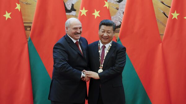 Chinese President Xi Jinping (R) shakes hands with Belarus' President Alexander Lukashenko after being awarding the Belarus peace and friendship medal at the Great Hall of the People in Beijing on September 29, 2016 - Sputnik International