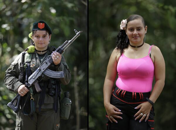 This Aug. 13, 2016 photo shows two portraits of Diana Marcela, one of her holding a weapon while in uniform for the 32nd front of the Revolutionary Armed Forces of Colombia (FARC), and in civilian clothing at a guerrilla camp in the southern jungle of Putumayo, Colombia This Aug. 13, 2016 photo shows two portraits of Diana Marcela, one of her holding a weapon while in uniform for the 32nd front of the Revolutionary Armed Forces of Colombia (FARC), and in civilian clothing at a guerrilla camp in the southern jungle of Putumayo, Colombia - Sputnik International