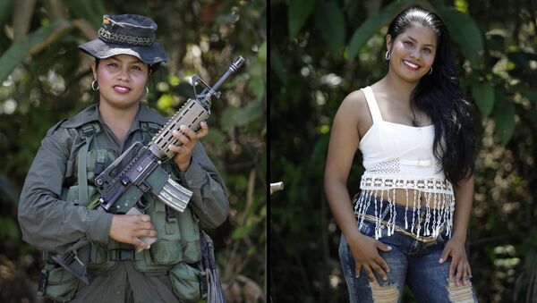 This Aug. 16, 2016 photo shows two portraits of Johana, one of her holding a weapon while in uniform for the 32nd front of the Revolutionary Armed Forces of Colombia (FARC), and in civilian clothing at a guerrilla camp in the southern jungle of Putumayo, Colombia - Sputnik International