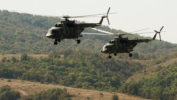 Mi-8 helicopters of the Russian Air Force during a joint battalion drill of the airborne units of Russia, Belarus and Serbia (File) - Sputnik International